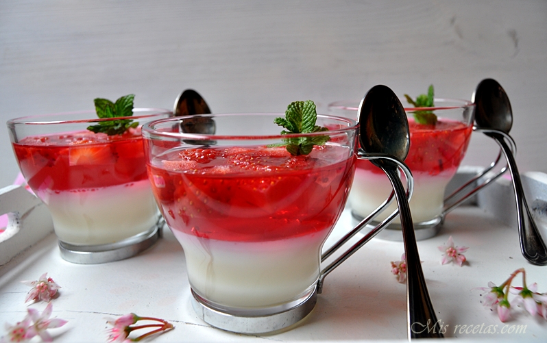 Cups of curd with strawberry jelly